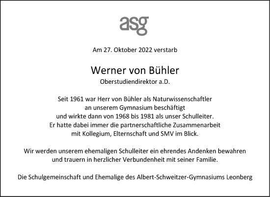 Traueranzeige von Werner von Bühler von Leonberger Kreiszeitung / Strohgäu Extra