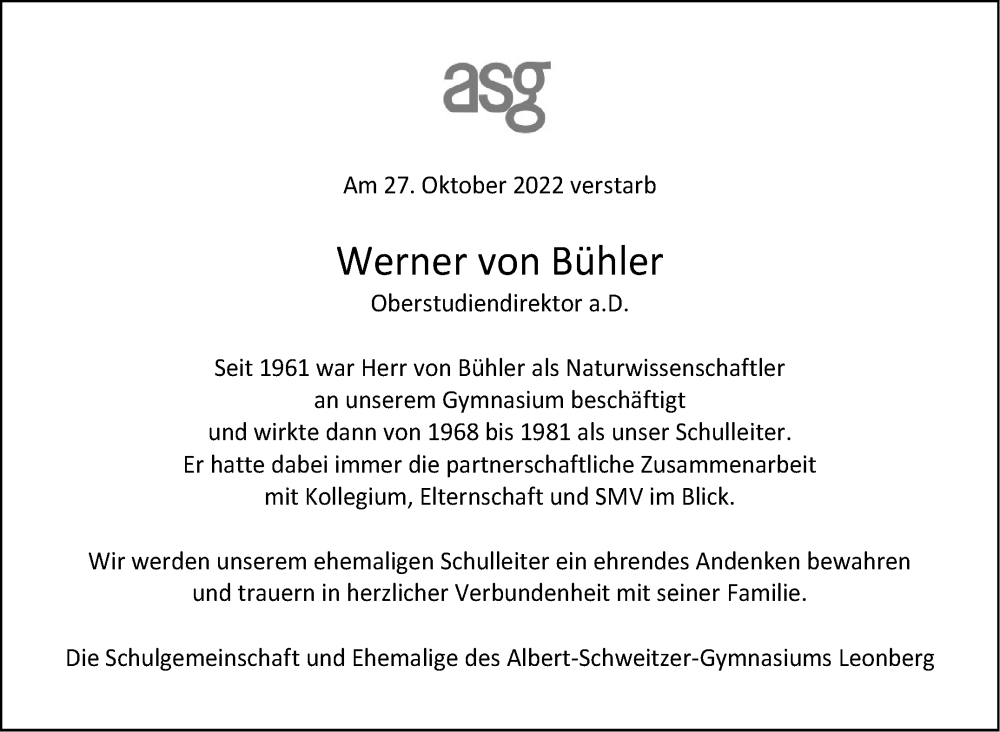  Traueranzeige für Werner von Bühler vom 23.11.2022 aus Leonberger Kreiszeitung / Strohgäu Extra