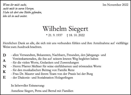 Traueranzeige von Wilhelm Siegert von Leonberger Kreiszeitung / Strohgäu Extra