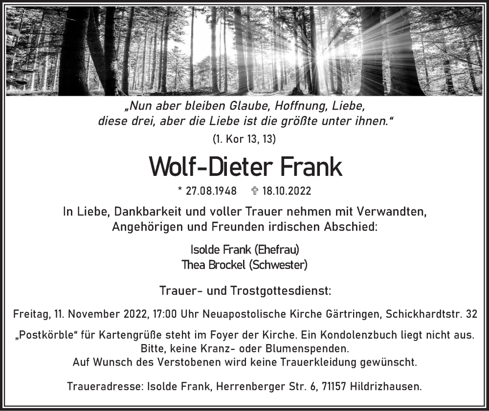  Traueranzeige für Wolf-Dieter Frank vom 05.11.2022 aus Leonberger Kreiszeitung / Strohgäu Extra