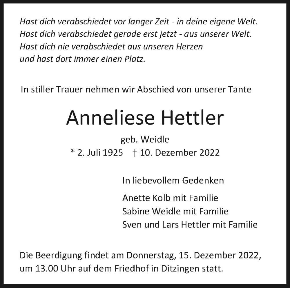  Traueranzeige für Anneliese Hettler vom 14.12.2022 aus Leonberger Kreiszeitung / Strohgäu Extra
