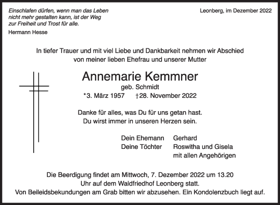 Traueranzeige von Annemarie Kemmner von Leonberger Kreiszeitung / Strohgäu Extra