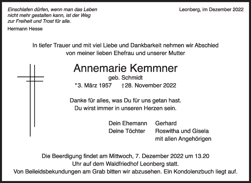  Traueranzeige für Annemarie Kemmner vom 05.12.2022 aus Leonberger Kreiszeitung / Strohgäu Extra