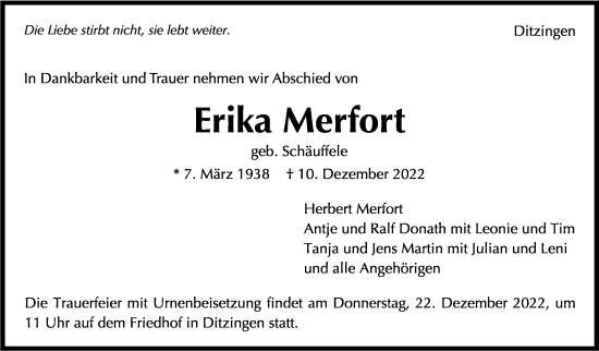 Traueranzeige von Erika Merfort von Leonberger Kreiszeitung / Strohgäu Extra