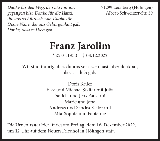 Traueranzeige von Franz Jarolim von Leonberger Kreiszeitung / Strohgäu Extra