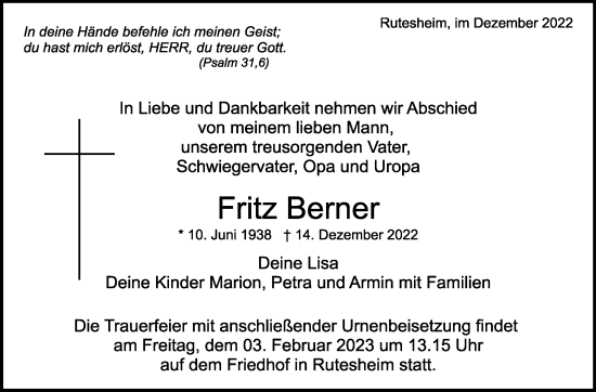 Traueranzeige von Fritz Berner von Leonberger Kreiszeitung / Strohgäu Extra