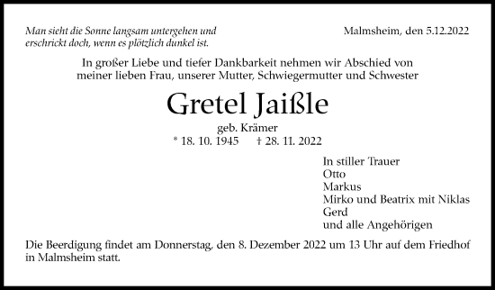 Traueranzeige von Gretel Jaißle von Leonberger Kreiszeitung / Strohgäu Extra