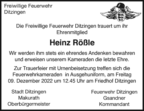Traueranzeige von Heinz Rößle von Leonberger Kreiszeitung / Strohgäu Extra