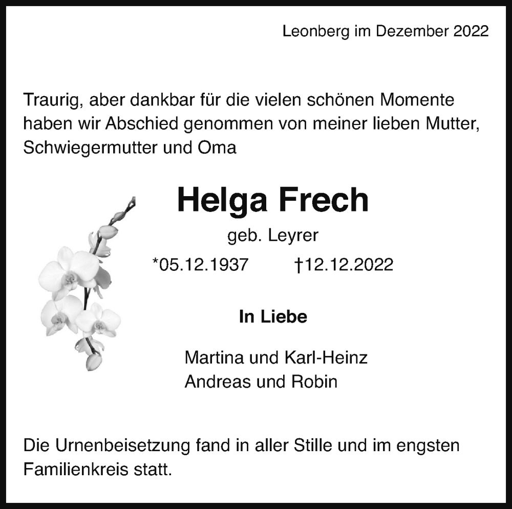  Traueranzeige für Helga Frech vom 30.12.2022 aus Leonberger Kreiszeitung / Strohgäu Extra