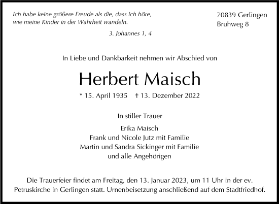 Traueranzeige von Herbert Maisch von Leonberger Kreiszeitung / Strohgäu Extra