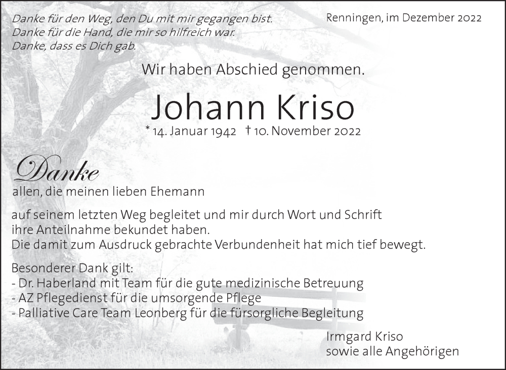  Traueranzeige für Johann Kriso vom 08.12.2022 aus Leonberger Kreiszeitung / Strohgäu Extra