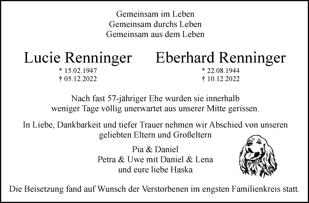  Traueranzeige für Lucie und Eberhard Renninger vom 24.12.2022 aus Leonberger Kreiszeitung / Strohgäu Extra