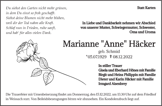 Traueranzeige von Marianne Häcker von Leonberger Kreiszeitung / Strohgäu Extra