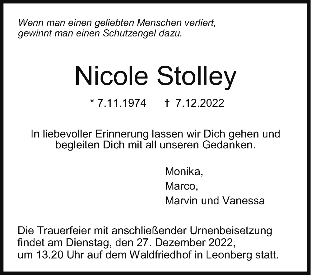  Traueranzeige für Nicole Stolley vom 20.12.2022 aus Leonberger Kreiszeitung / Strohgäu Extra
