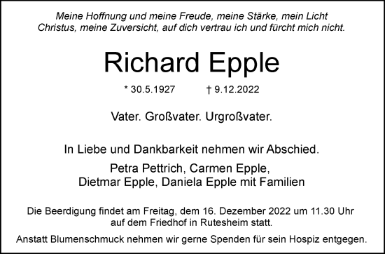 Traueranzeige von Richard Epple von Leonberger Kreiszeitung / Strohgäu Extra
