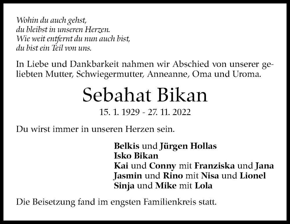  Traueranzeige für Sebahat Bikan vom 08.12.2022 aus Leonberger Kreiszeitung / Strohgäu Extra