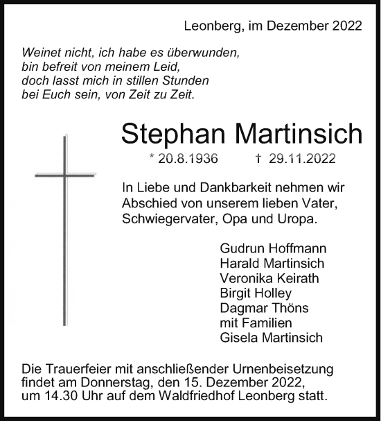 Traueranzeige von Stephan Martinsich von Leonberger Kreiszeitung / Strohgäu Extra