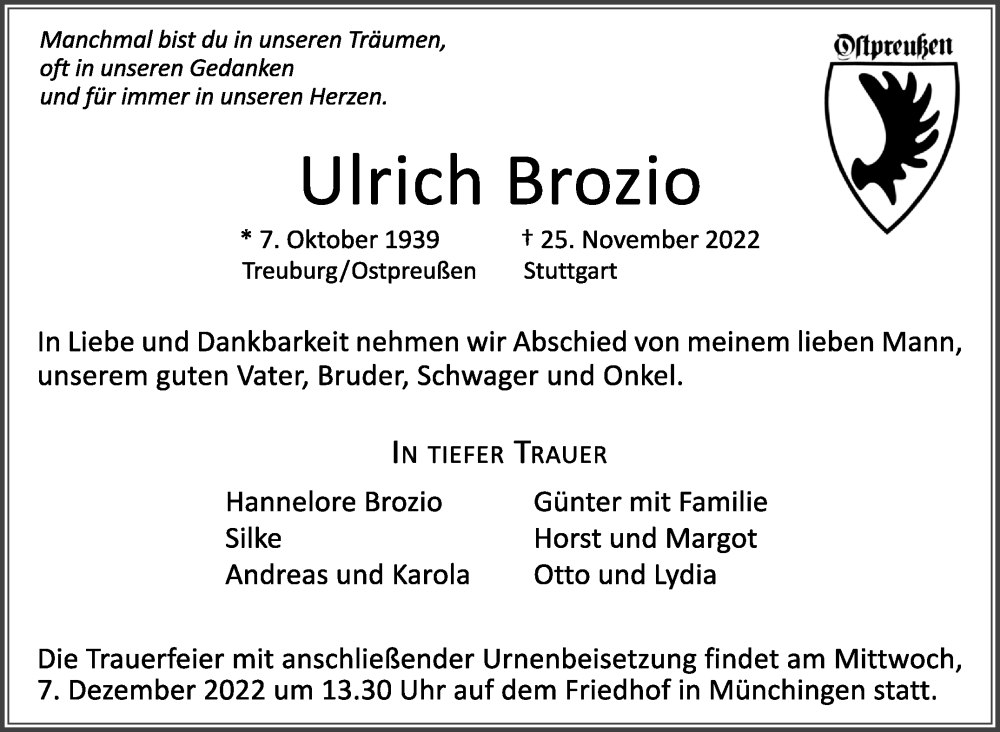  Traueranzeige für Ulrich Brozio vom 06.12.2022 aus Leonberger Kreiszeitung / Strohgäu Extra