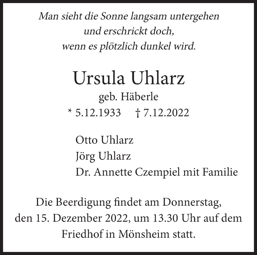  Traueranzeige für Ursula Uhlarz vom 12.12.2022 aus Leonberger Kreiszeitung / Strohgäu Extra