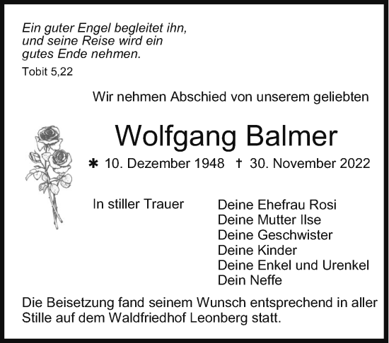 Traueranzeige von Wolfgang Balmer von Leonberger Kreiszeitung / Strohgäu Extra