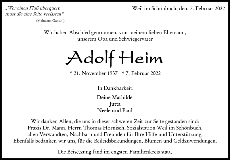 Traueranzeige für Adolf Heim vom 24.02.2022 aus Leonberger Kreiszeitung / Strohgäu Extra