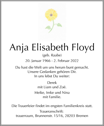 Traueranzeige von Anja Elisabeth Floyd von Leonberger Kreiszeitung / Strohgäu Extra