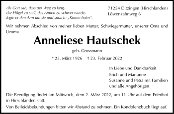 Traueranzeige von Anneliese Hautschek von Leonberger Kreiszeitung / Strohgäu Extra