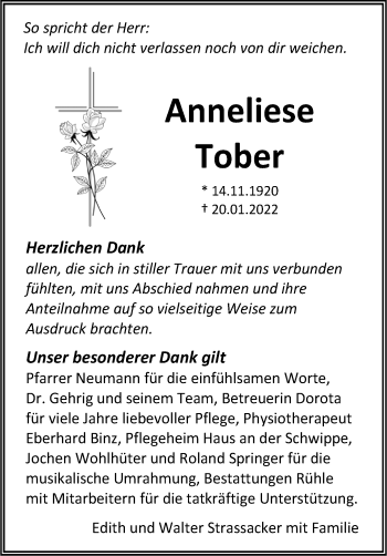 Traueranzeige von Anneliese Tober von Leonberger Kreiszeitung / Strohgäu Extra