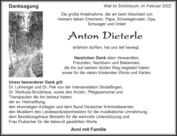 Traueranzeige von Anton Dieterle von Leonberger Kreiszeitung / Strohgäu Extra