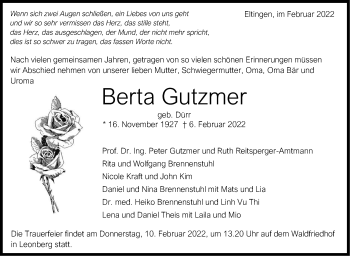 Traueranzeige von Berta Gutzmer von Leonberger Kreiszeitung / Strohgäu Extra