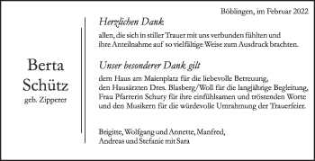 Traueranzeige von Berta Schütz von Leonberger Kreiszeitung / Strohgäu Extra
