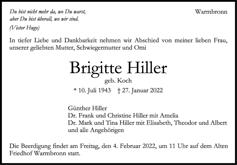  Traueranzeige für Brigitte Hiller vom 01.02.2022 aus Leonberger Kreiszeitung / Strohgäu Extra