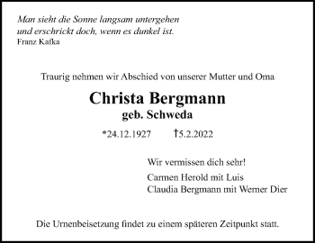 Traueranzeige von Christa Bergmann von Leonberger Kreiszeitung / Strohgäu Extra
