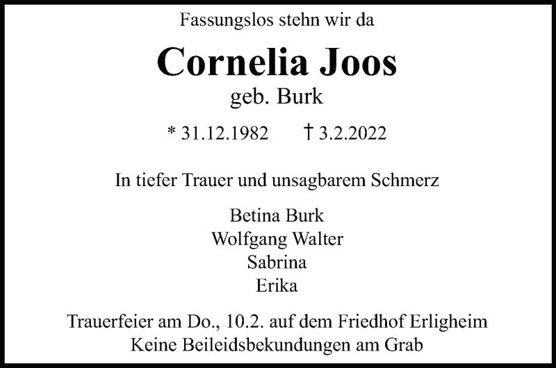  Traueranzeige für Cornelia Joos vom 09.02.2022 aus Leonberger Kreiszeitung / Strohgäu Extra