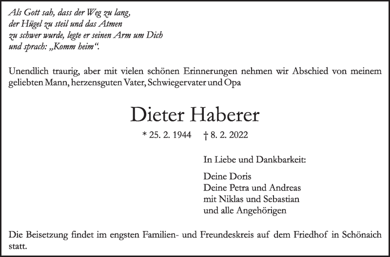  Traueranzeige für Dieter Haberer vom 11.02.2022 aus Leonberger Kreiszeitung / Strohgäu Extra