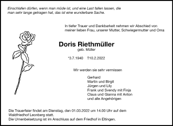 Traueranzeige von Doris Riethmüller von Leonberger Kreiszeitung / Strohgäu Extra