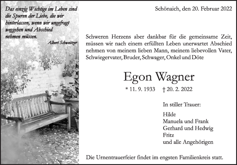  Traueranzeige für Egon Wagner vom 25.02.2022 aus Leonberger Kreiszeitung / Strohgäu Extra