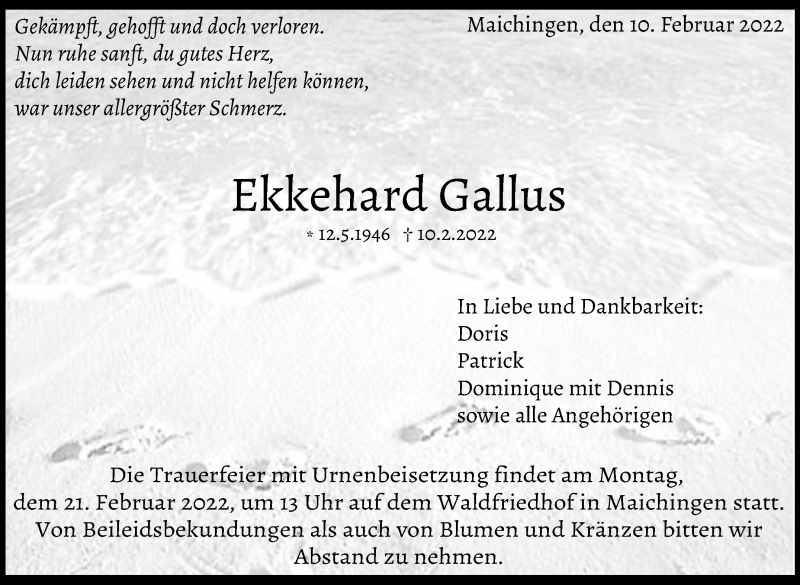  Traueranzeige für Ekkehard Gallus vom 19.02.2022 aus Leonberger Kreiszeitung / Strohgäu Extra