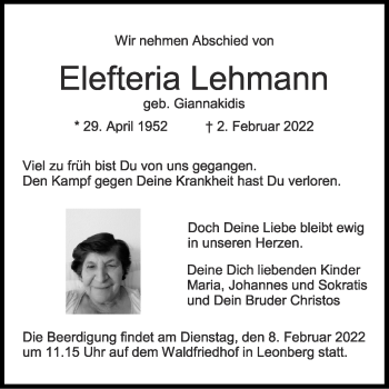Traueranzeige von Elefteria Lehmann von Leonberger Kreiszeitung / Strohgäu Extra