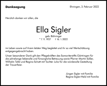 Traueranzeige von Ella Sigler von Leonberger Kreiszeitung / Strohgäu Extra