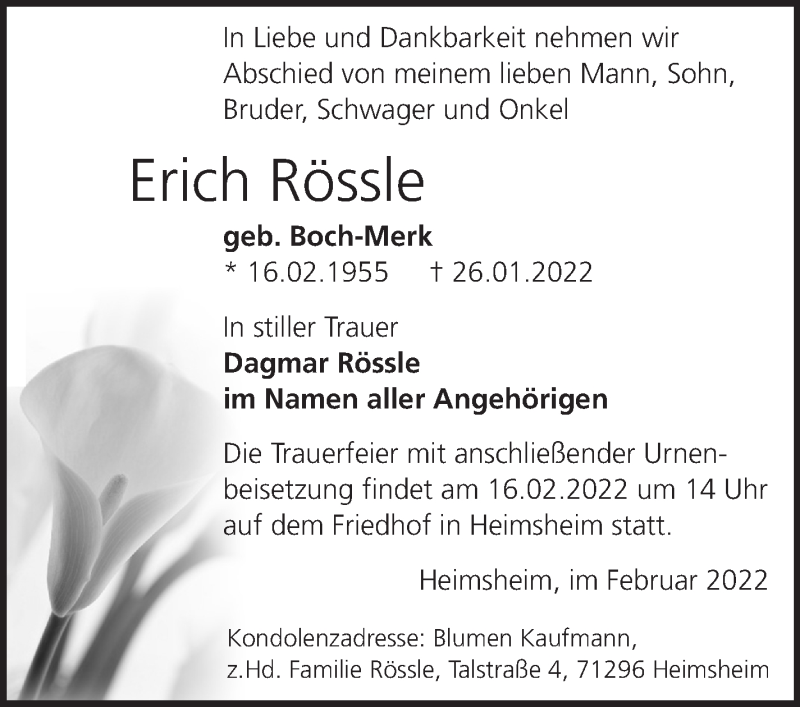  Traueranzeige für Erich Rössle vom 12.02.2022 aus Leonberger Kreiszeitung / Strohgäu Extra