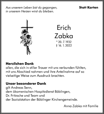 Traueranzeige von Erich Zabka von Leonberger Kreiszeitung / Strohgäu Extra