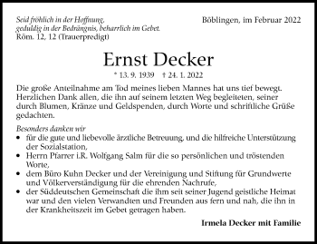 Traueranzeige von Ernst Decker von Leonberger Kreiszeitung / Strohgäu Extra