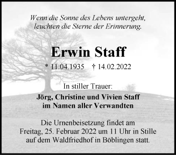 Traueranzeige von Erwin Staff von Leonberger Kreiszeitung / Strohgäu Extra