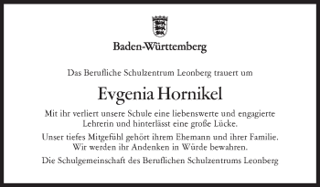 Traueranzeige von Evgenia Hornikel von Leonberger Kreiszeitung / Strohgäu Extra