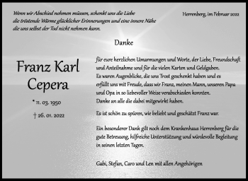 Traueranzeige von Franz Karl Capera von Leonberger Kreiszeitung / Strohgäu Extra