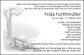 Traueranzeige von Frida Furthmüller von Leonberger Kreiszeitung / Strohgäu Extra