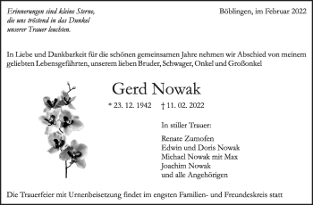 Traueranzeige von Gerd Nowak von Leonberger Kreiszeitung / Strohgäu Extra