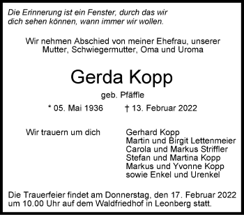 Traueranzeige von Gerda Kopp von Leonberger Kreiszeitung / Strohgäu Extra