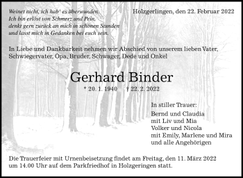 Traueranzeige von Gerhard Binder von Leonberger Kreiszeitung / Strohgäu Extra